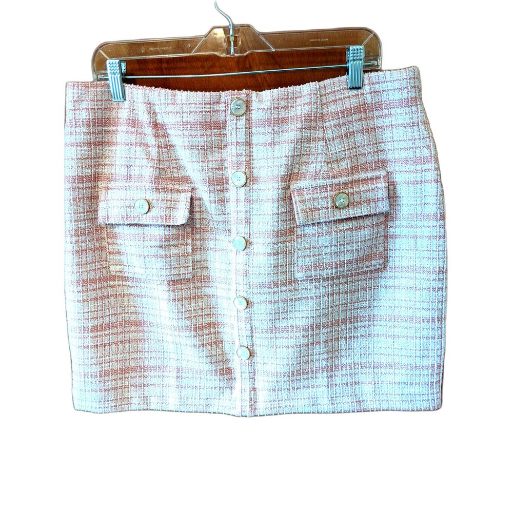 Pink Plaid Tweed Mini Skirt Faux Pearl Buttons Pockets Sz XL Elle Woods Clueless